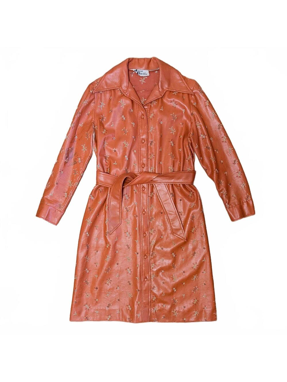 70s Jason David Terracotta Cognac Genuine Leather Embroidered Floral Belted Coat
